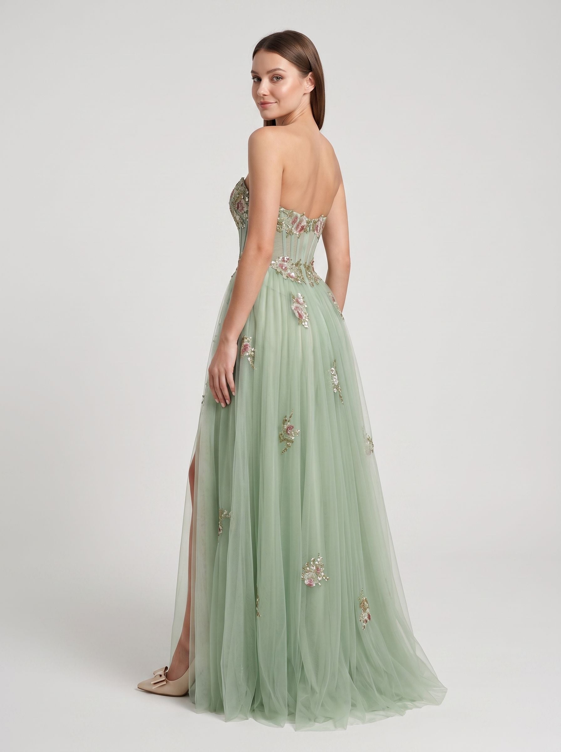 Dusty Sage Tulle A-Line Sweetheart Corset Back Floor-Length Dress with Floral Embroidery