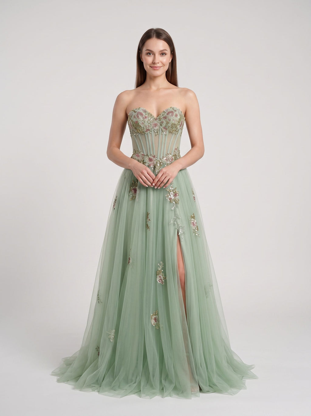 Dusty Sage Tulle A-Line Sweetheart Corset Back Floor-Length Dress with Floral Embroidery
