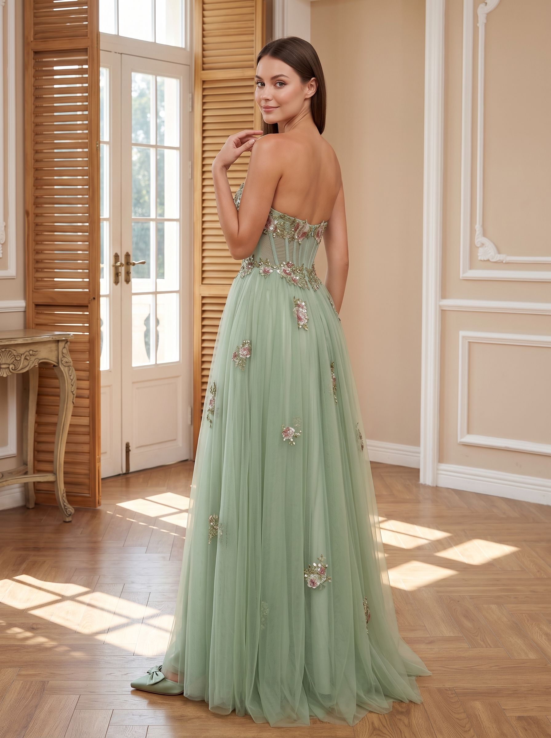Dusty Sage Tulle A-Line Sweetheart Corset Back Floor-Length Dress with Floral Embroidery