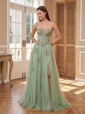 Dusty Sage Tulle A-Line Sweetheart Corset Back Floor-Length Dress with Floral Embroidery