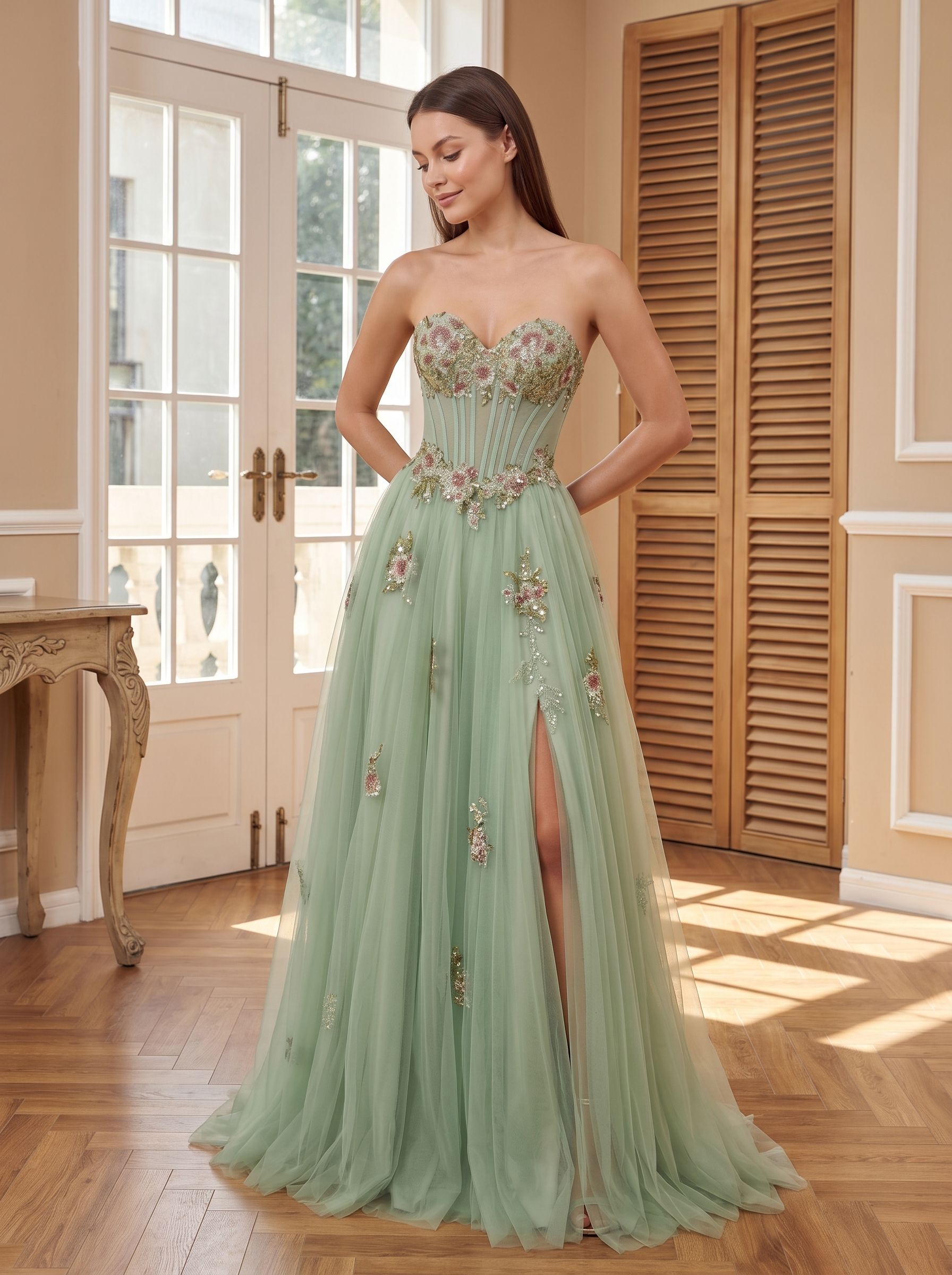 Dusty Sage Tulle A-Line Sweetheart Corset Back Floor-Length Dress with Floral Embroidery