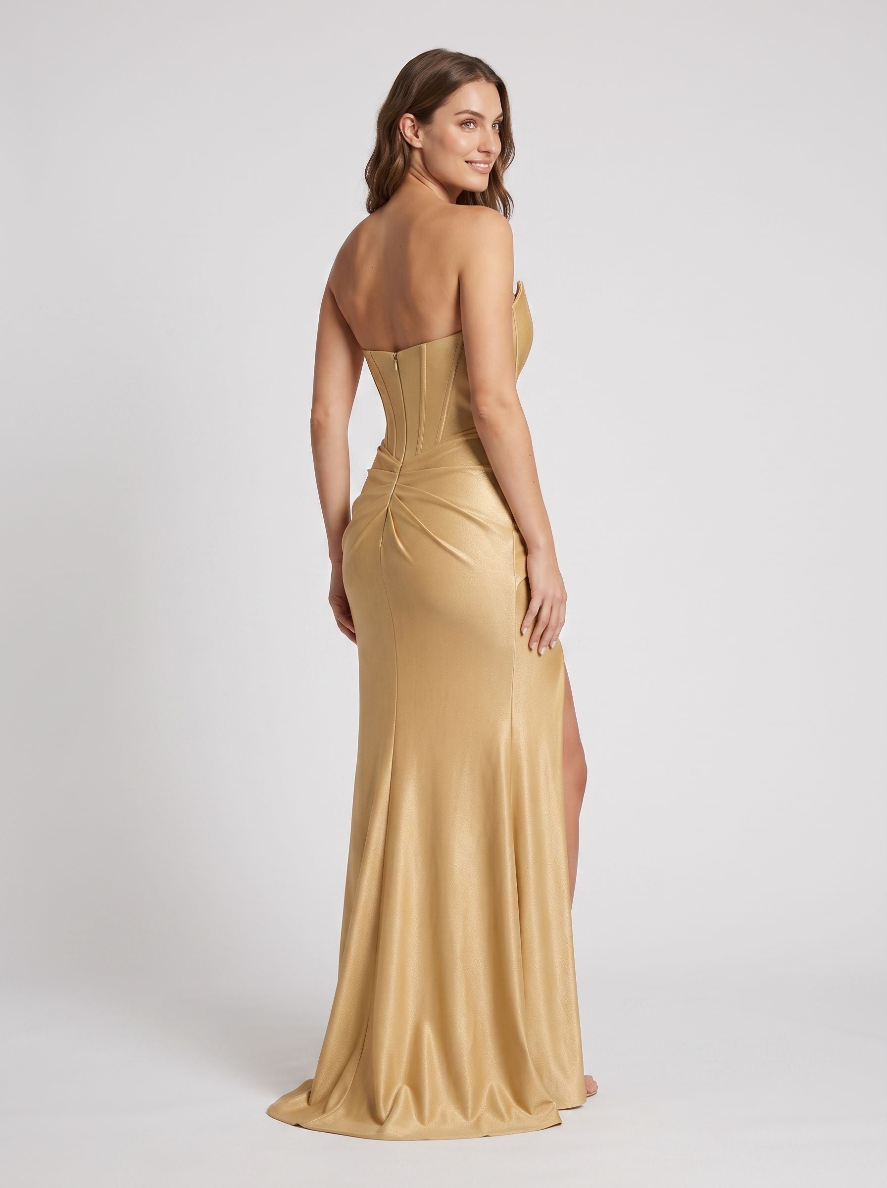 Gold Stretch Knit column V-Neck Backless Floor-Length Dress with Corset Bodice