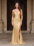 Gold Stretch Knit column V-Neck Backless Floor-Length Dress with Corset Bodice