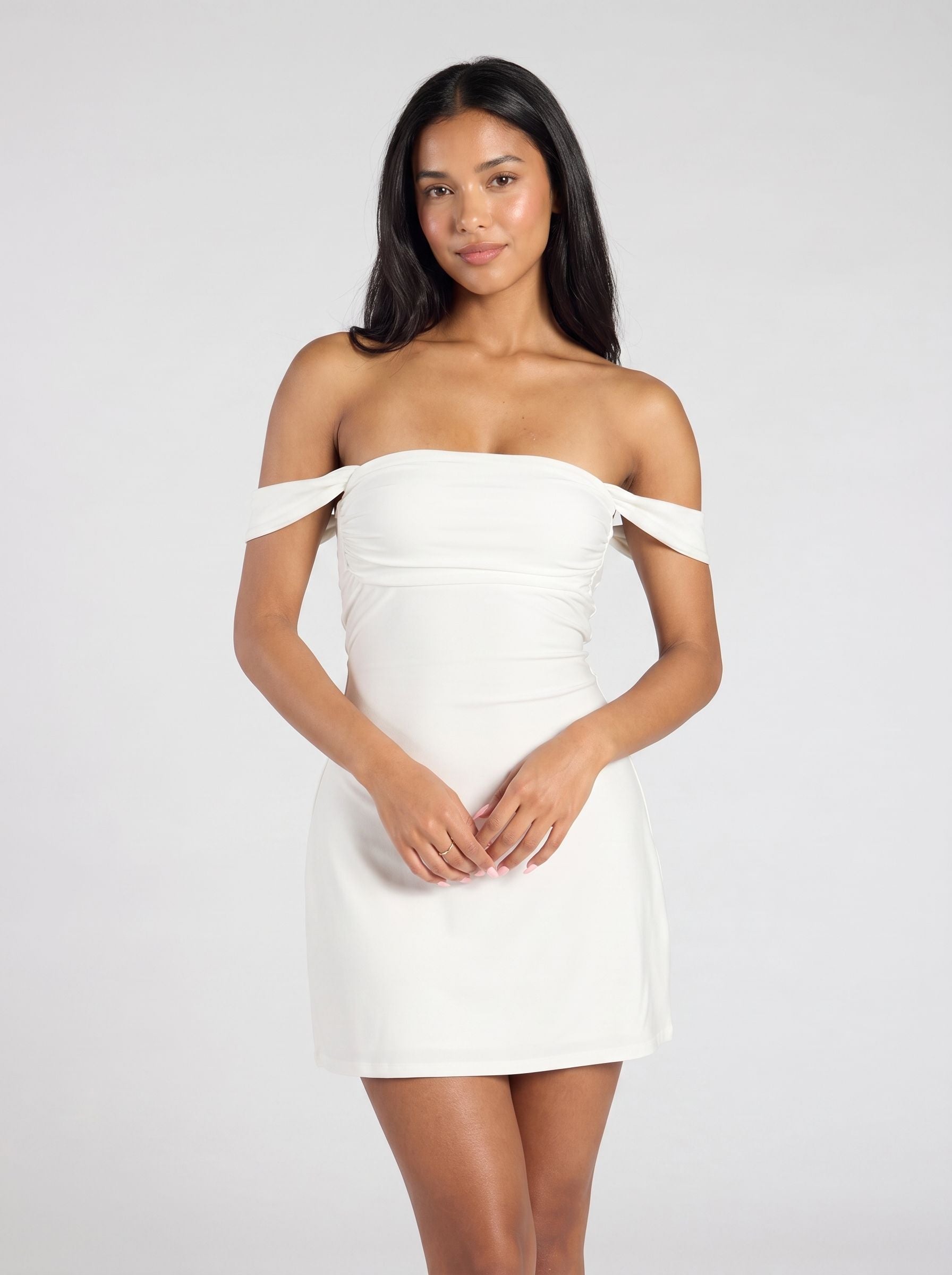 White Satin A-Line Off-the-Shoulder Back Zip Short Dress with Cuffed Sleeves