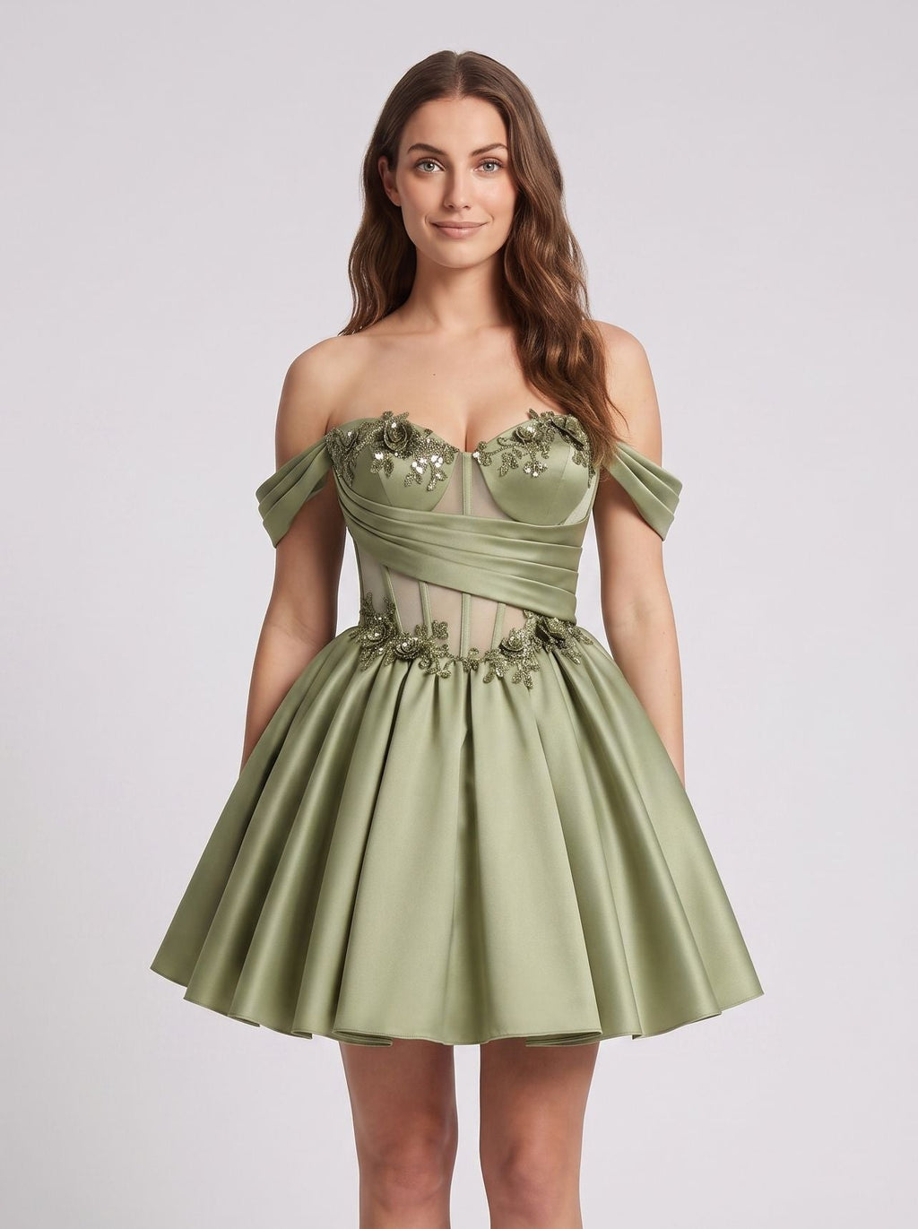 Green Satin A-Line Off-the-Shoulder Criss-Cross Straps Short Dress with 3D Flower