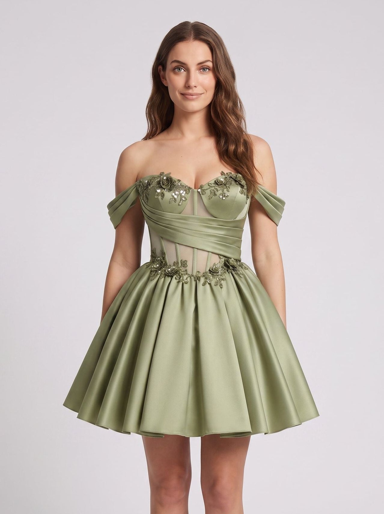 Green Satin A-Line Off-the-Shoulder Criss-Cross Straps Short Dress with 3D Flower
