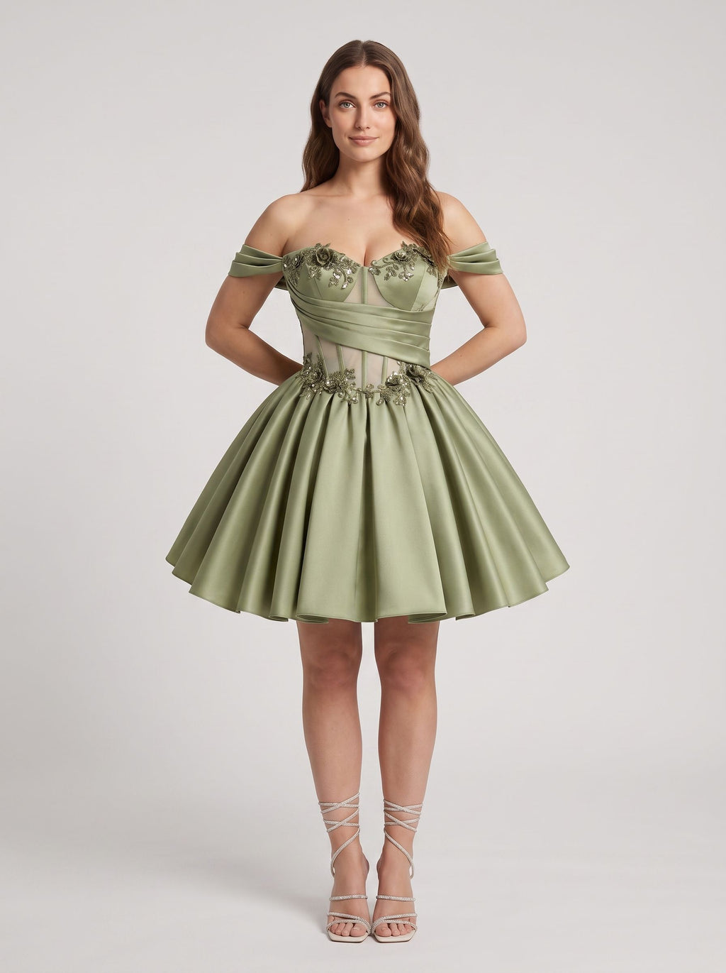 Green Satin A-Line Off-the-Shoulder Criss-Cross Straps Short Dress with 3D Flower
