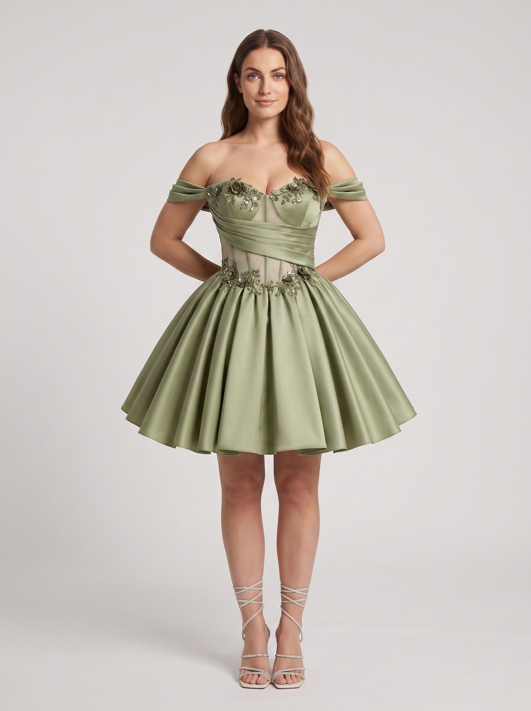 Green Satin A-Line Off-the-Shoulder Criss-Cross Straps Short Dress with 3D Flower
