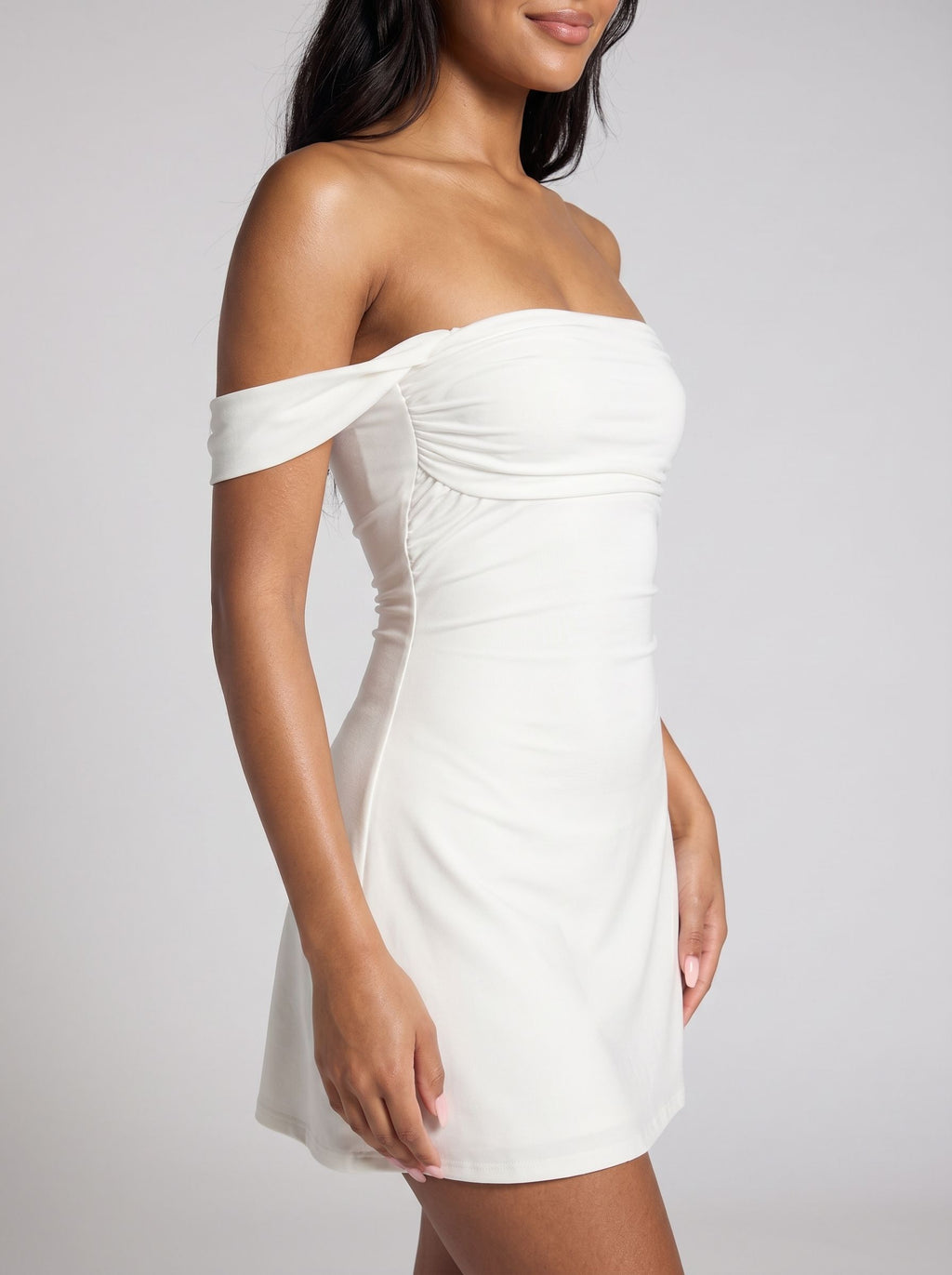 White Satin A-Line Off-the-Shoulder Back Zip Short Dress with Cuffed Sleeves