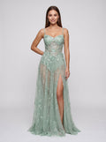 Sage Tulle Sheath Straight Neck Back Zip Floor-Length Dress with 3D Flowers