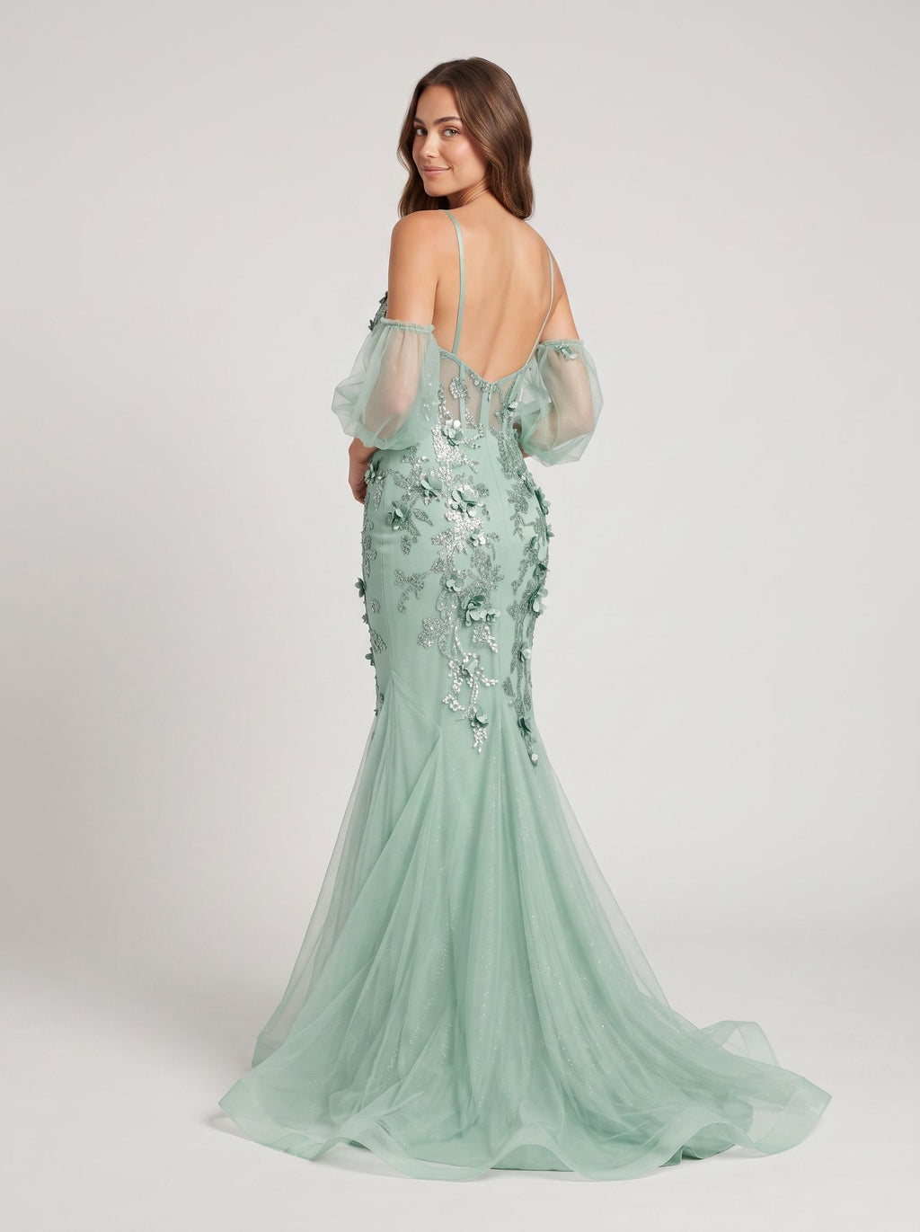 Mint Green Tulle Mermaid V-Neck Backless Floor-Length Dress with Detachable Puff Sleeves & 3D Florals