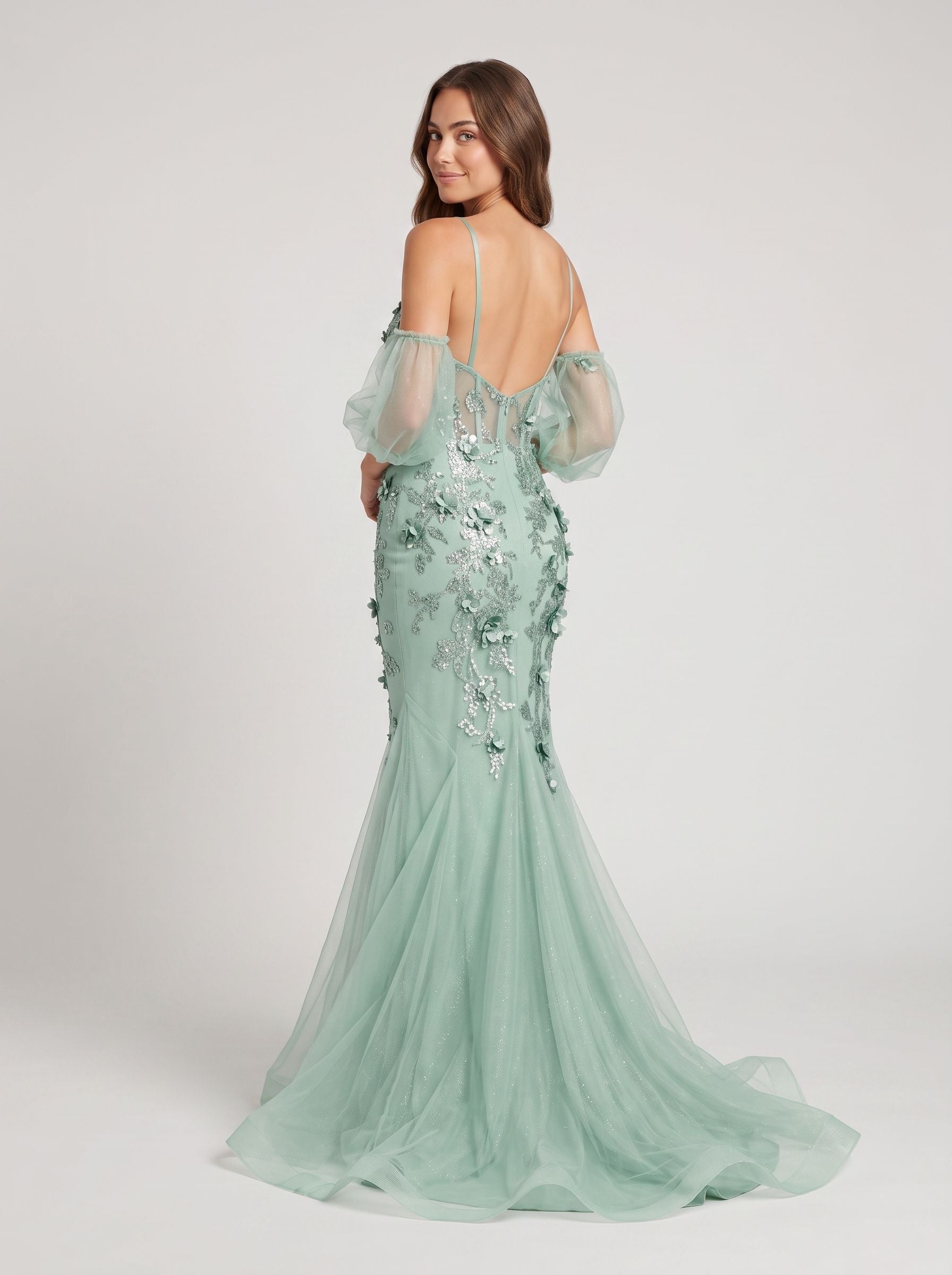 Mint Green Tulle Mermaid V-Neck Backless Floor-Length Dress with Detachable Puff Sleeves & 3D Florals