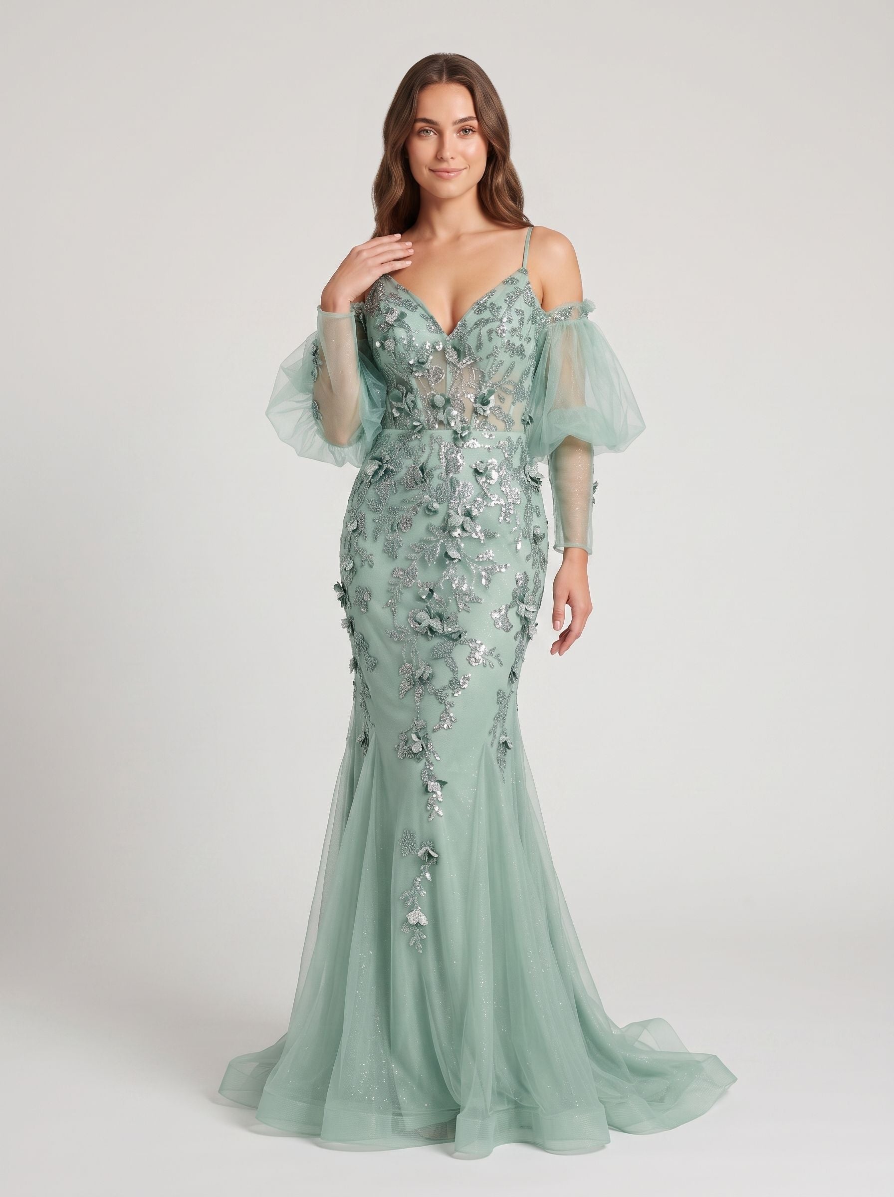 Mint Green Tulle Mermaid V-Neck Backless Floor-Length Dress with Detachable Puff Sleeves & 3D Florals