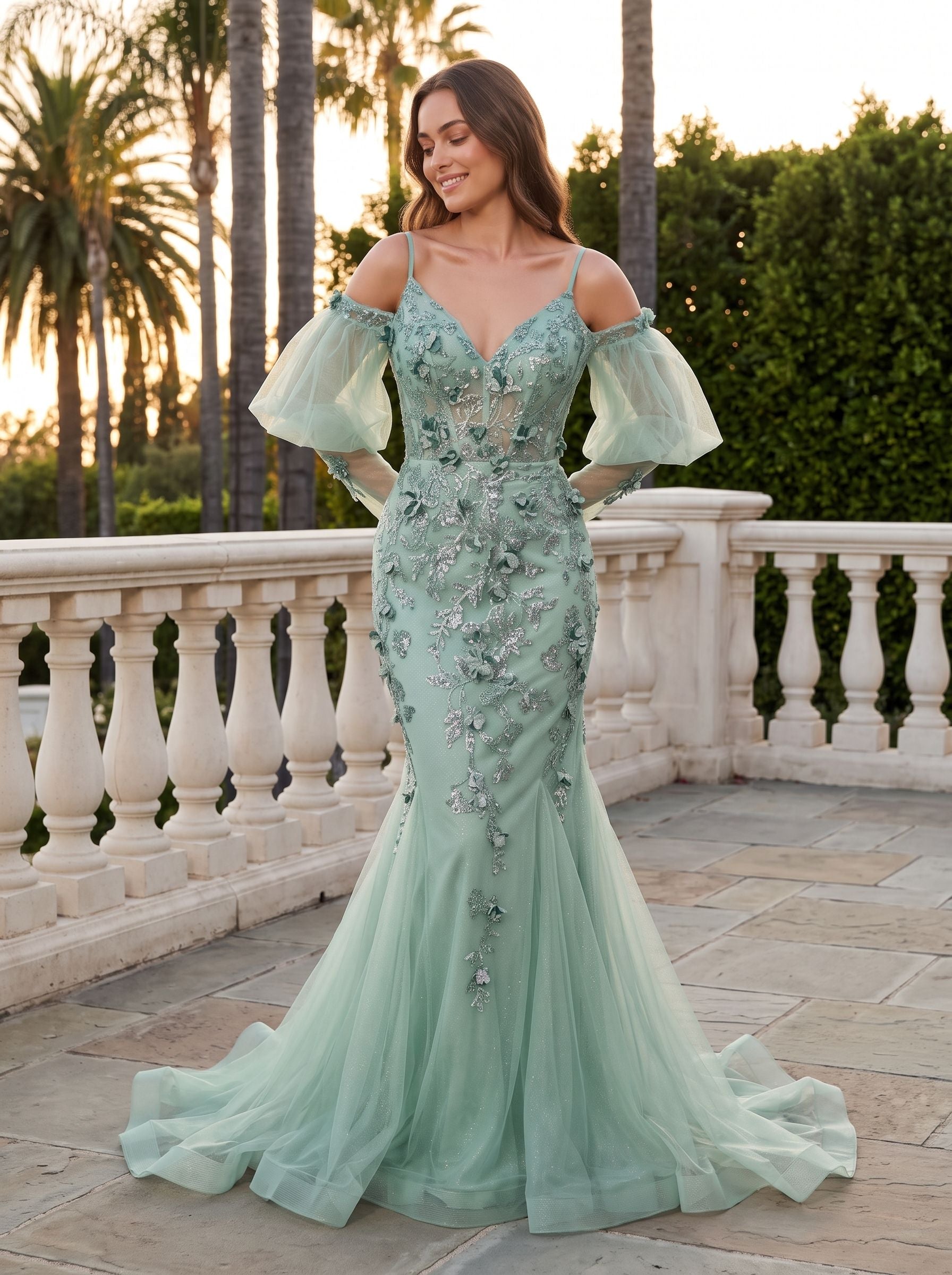 Mint Green Tulle Mermaid V-Neck Backless Floor-Length Dress with Detachable Puff Sleeves & 3D Florals