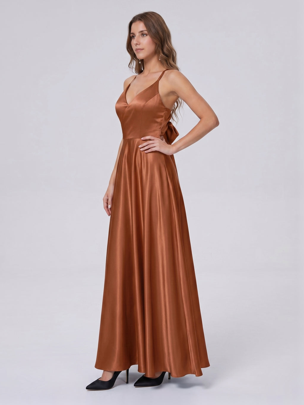 Terracotta Satin A-Line V-Neck Bow Back Floor-Length Bridesmaid Dress with Bow