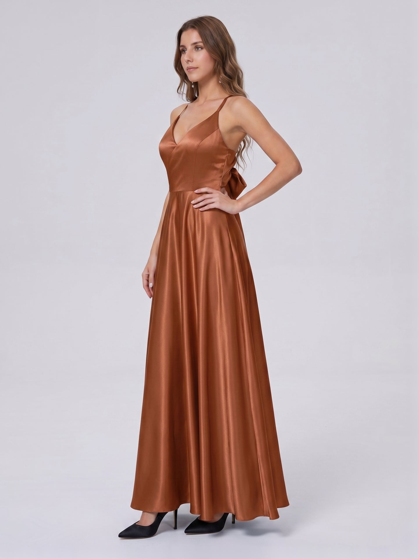 Terracotta Satin A-Line V-Neck Bow Back Floor-Length Bridesmaid Dress with Bow