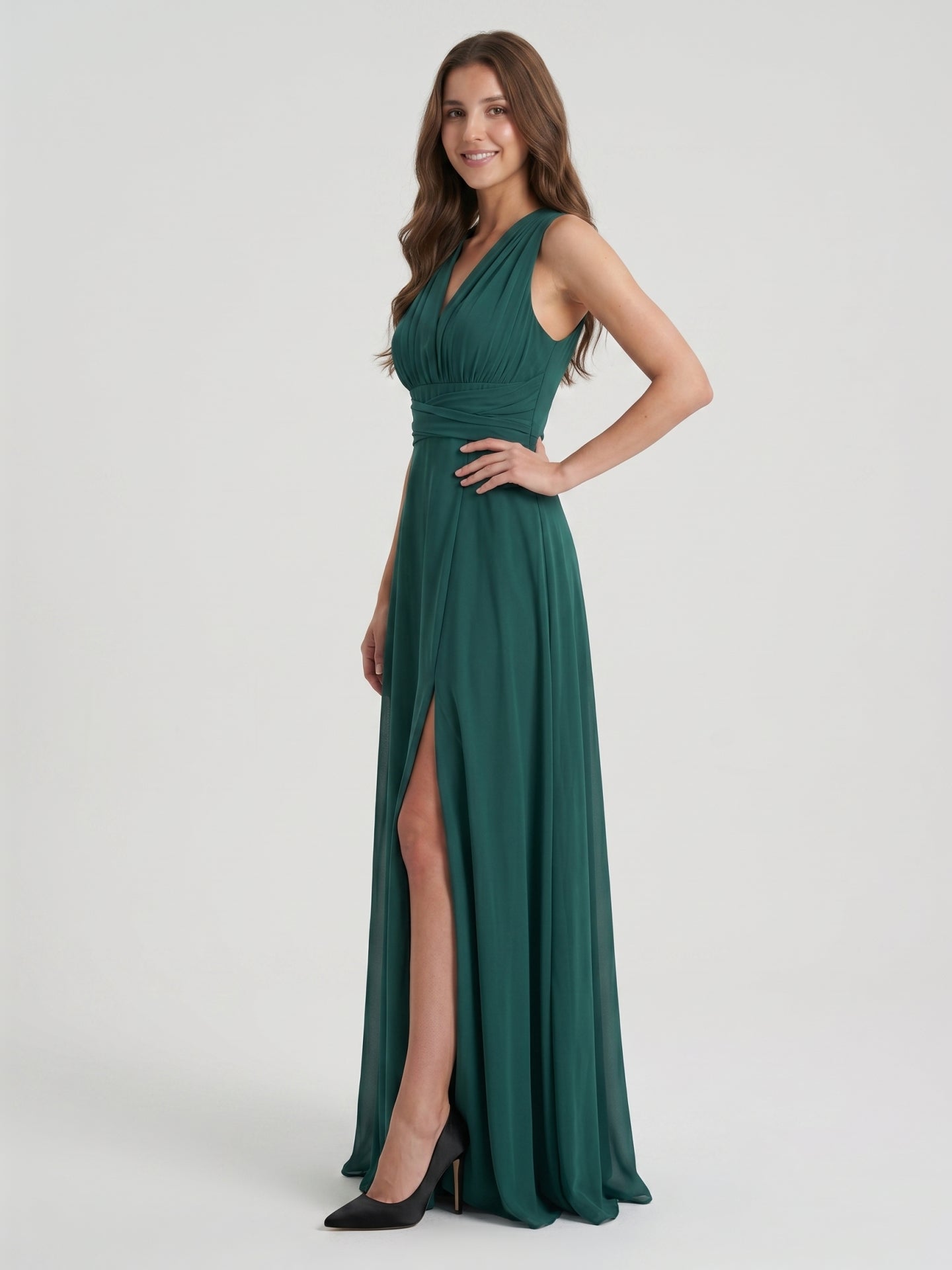 Peacock Chiffon A-Line V-Neck Back Zip Floor-Length Pleated Bridesmaid Dress