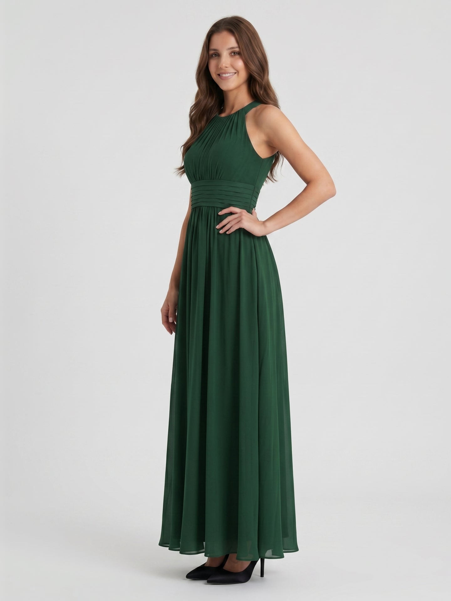 Forest Green Chiffon A-Line Halter Back Zip Floor-Length Pleated Bridesmaid Dress