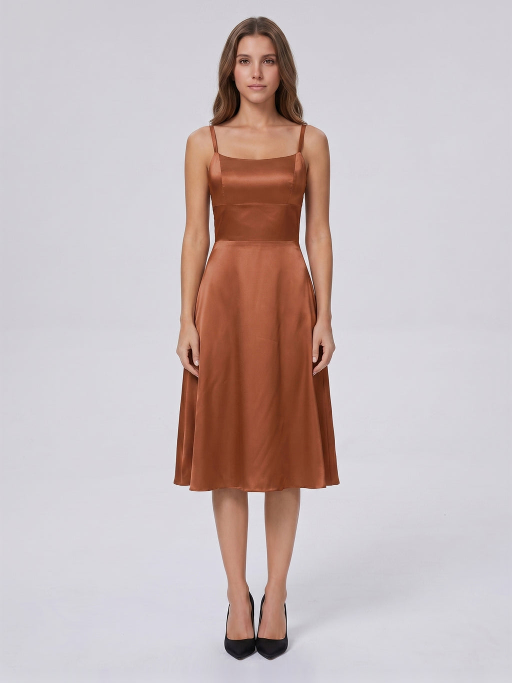 Terracotta Satin A-Line Scoop Neck Criss-Cross Back Knee-Length Bridesmaid Dress with Bow