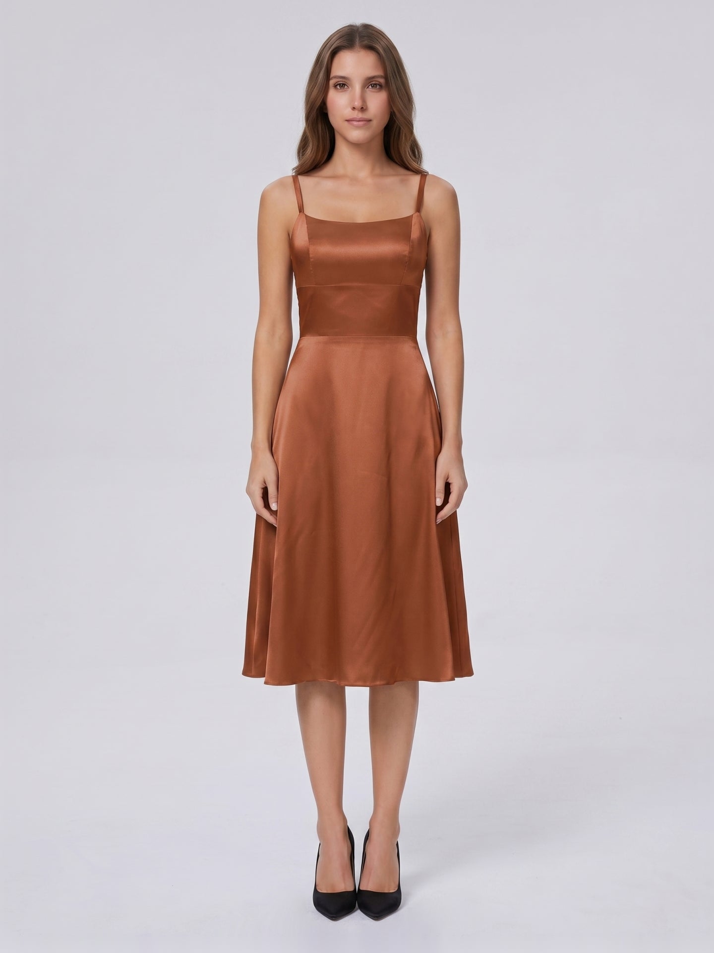 Terracotta Satin A-Line Scoop Neck Criss-Cross Back Knee-Length Bridesmaid Dress with Bow