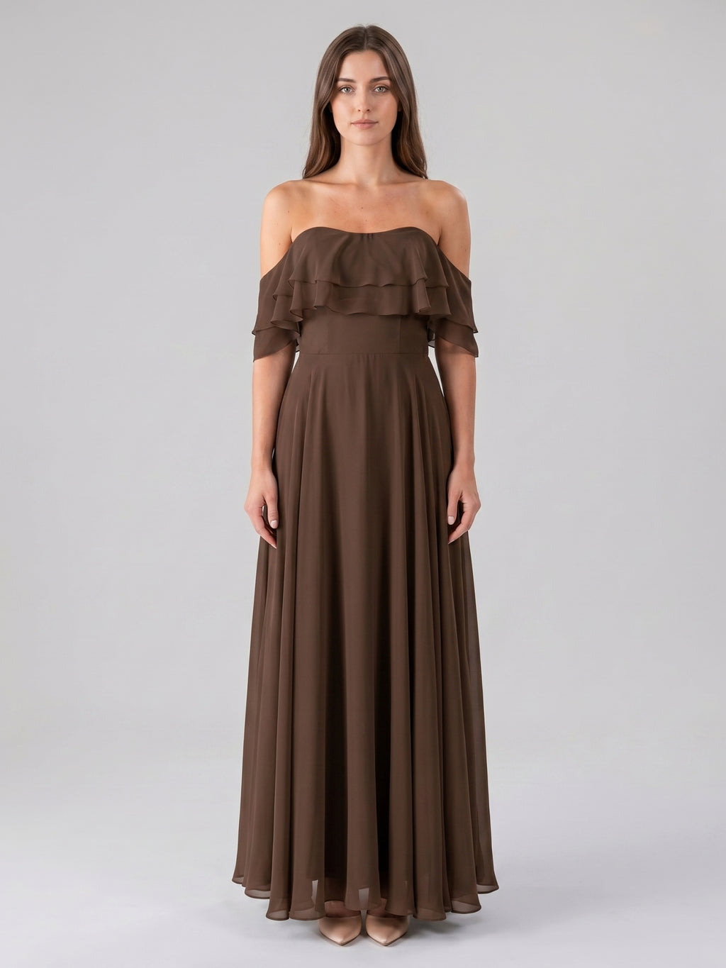 Mocha Chiffon A-Line Off-the-Shoulder Backless Floor-Length Ruffle Bridesmaid Dress
