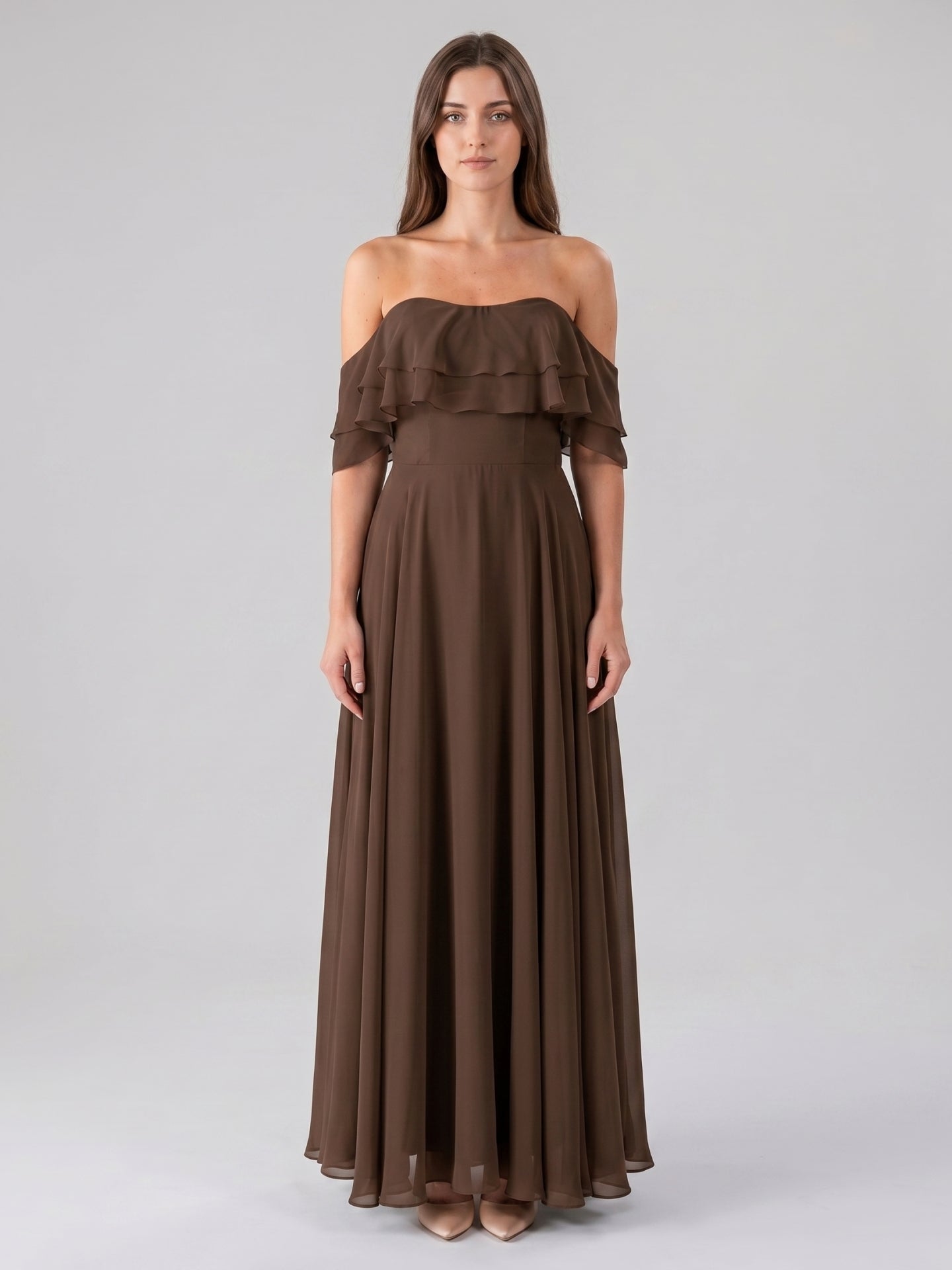 Mocha Chiffon A-Line Off-the-Shoulder Backless Floor-Length Ruffle Bridesmaid Dress