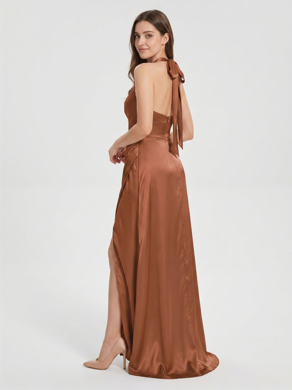 Terracotta Satin A-Line Halter Backless Floor-Length Pleated Bridesmaid Dress