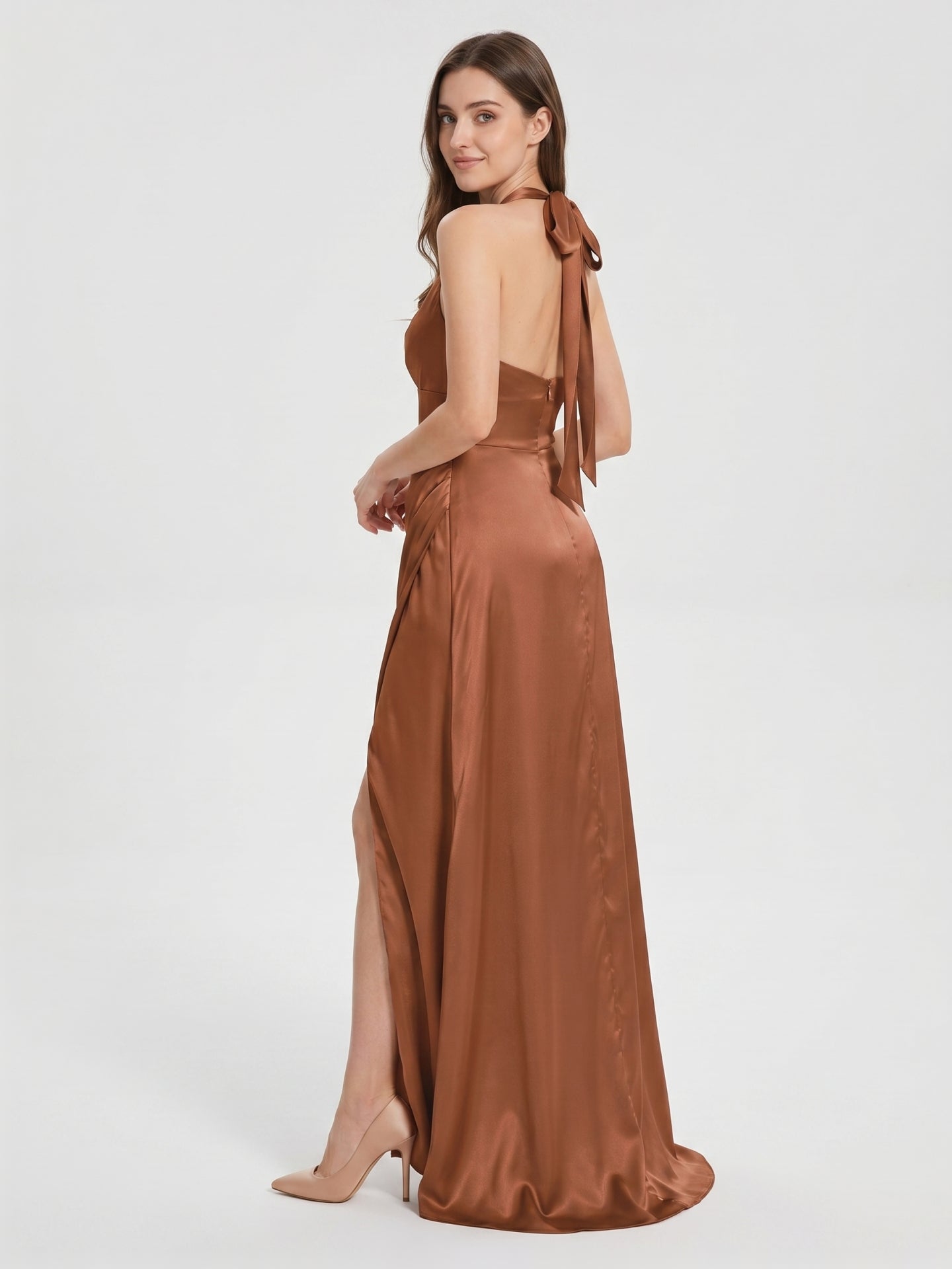 Terracotta Satin A-Line Halter Backless Floor-Length Pleated Bridesmaid Dress