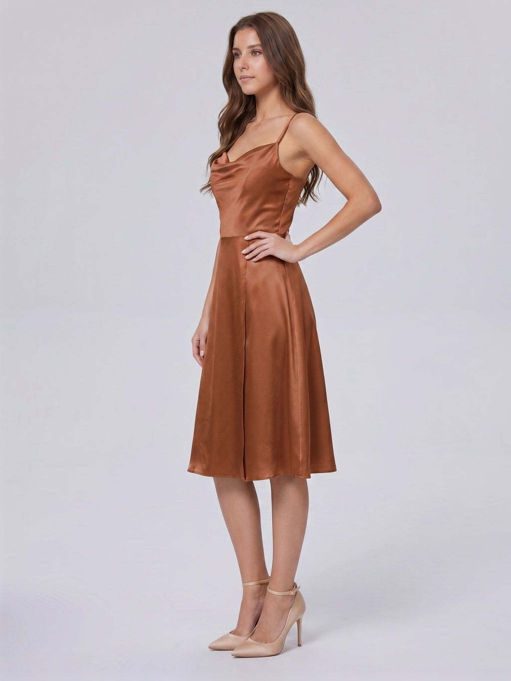 Terracotta Satin A-Line Cowl Neck Backless Knee-Length Bridesmaid Dress