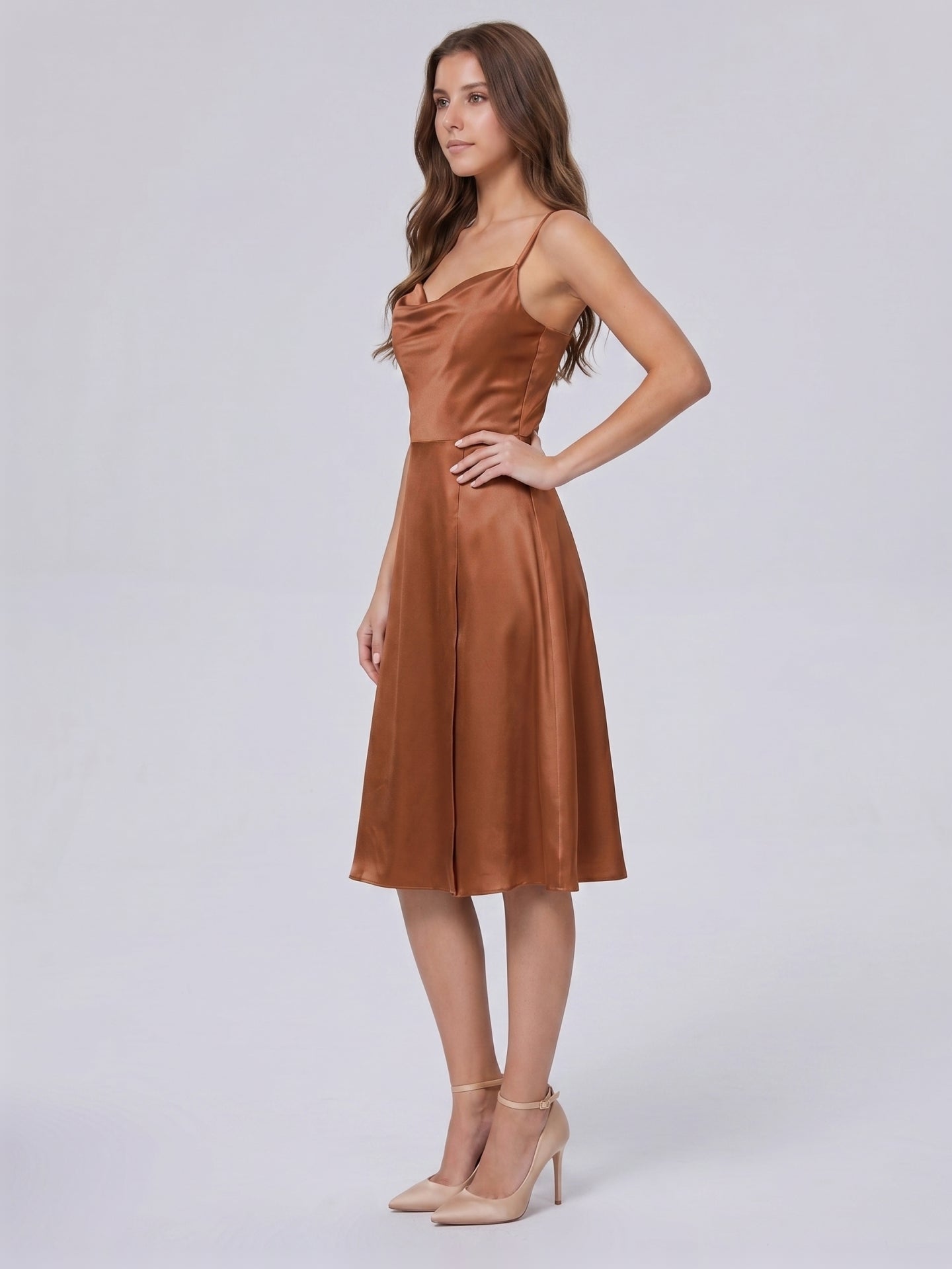 Terracotta Satin A-Line Cowl Neck Backless Knee-Length Bridesmaid Dress