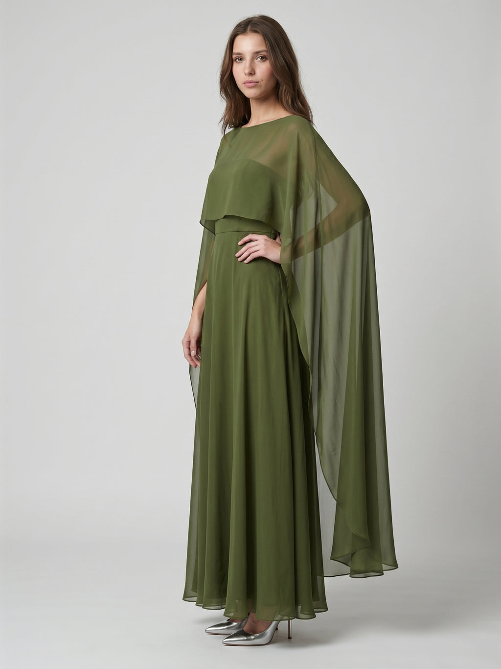 Olive Green Chiffon A-Line Straight Neck Illusion Back Floor-Length Bridesmaid Dress with Cape