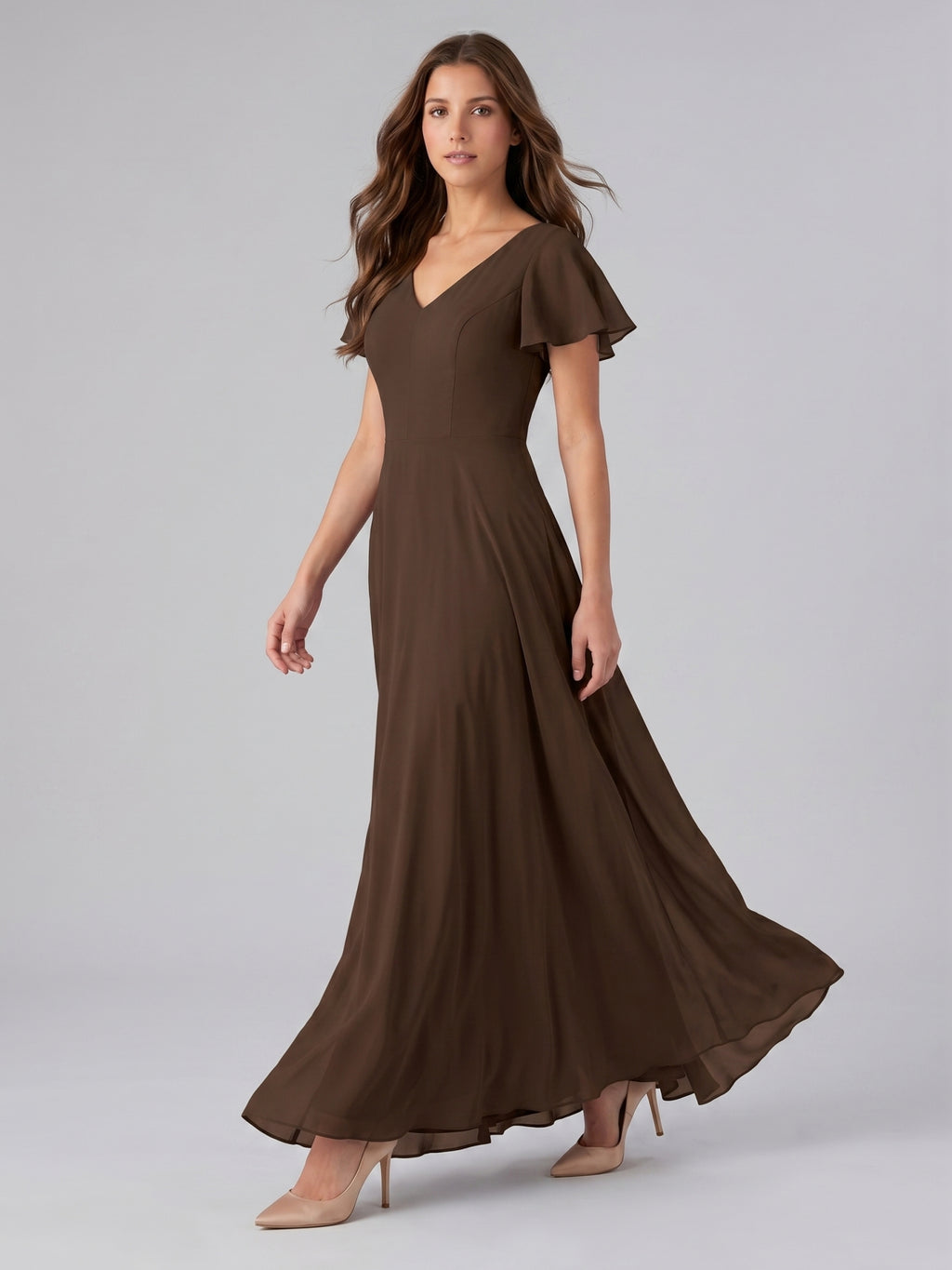 Mocha Chiffon A-Line V-Neck Keyhole Back Floor-Length Bridesmaid Dress