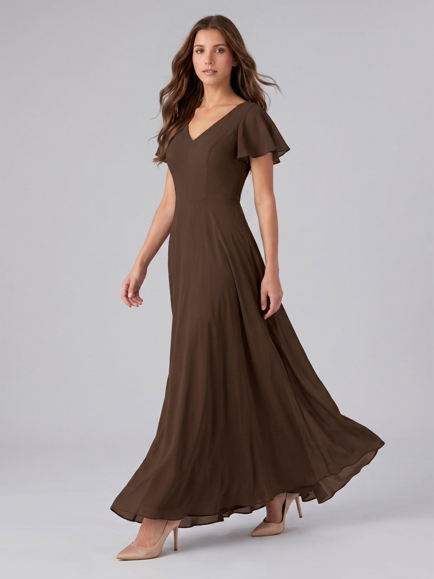 Mocha Chiffon A-Line V-Neck Keyhole Back Floor-Length Bridesmaid Dress