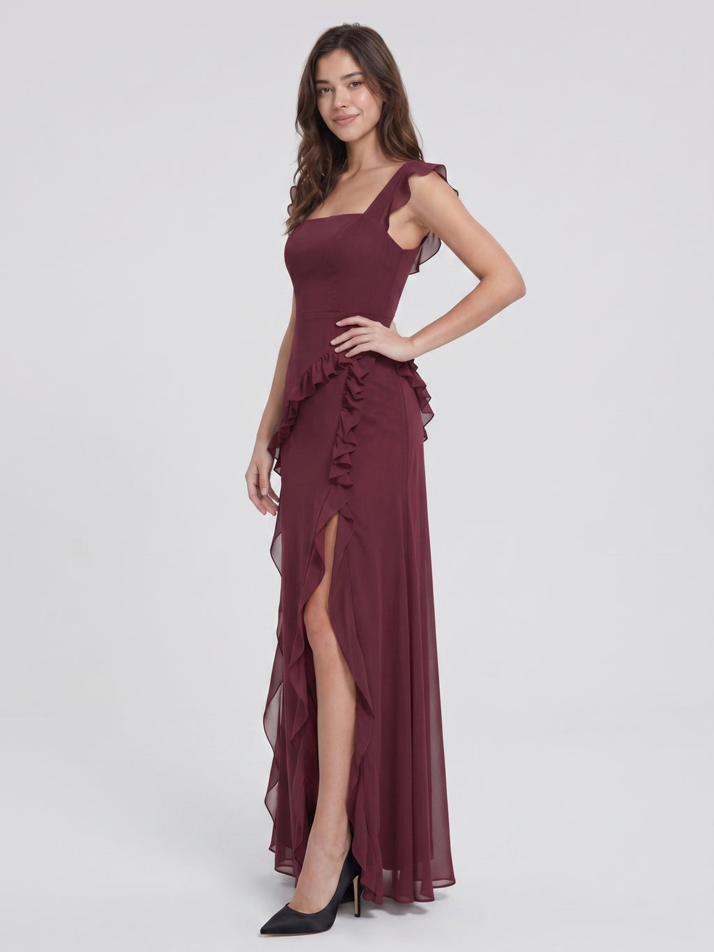 Elegant Cabernet Chiffon A-Line Square Neck Back Zip Ruffle Ankle-Length Bridesmaid Dress