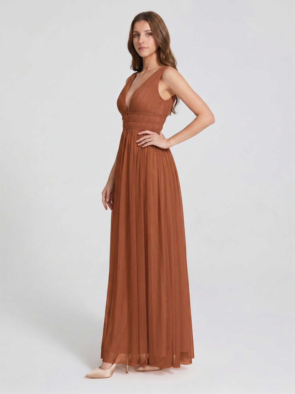 Terracotta Tulle A-Line V-Neck V-Back Floor-Length Pleated Bridesmaid Dress