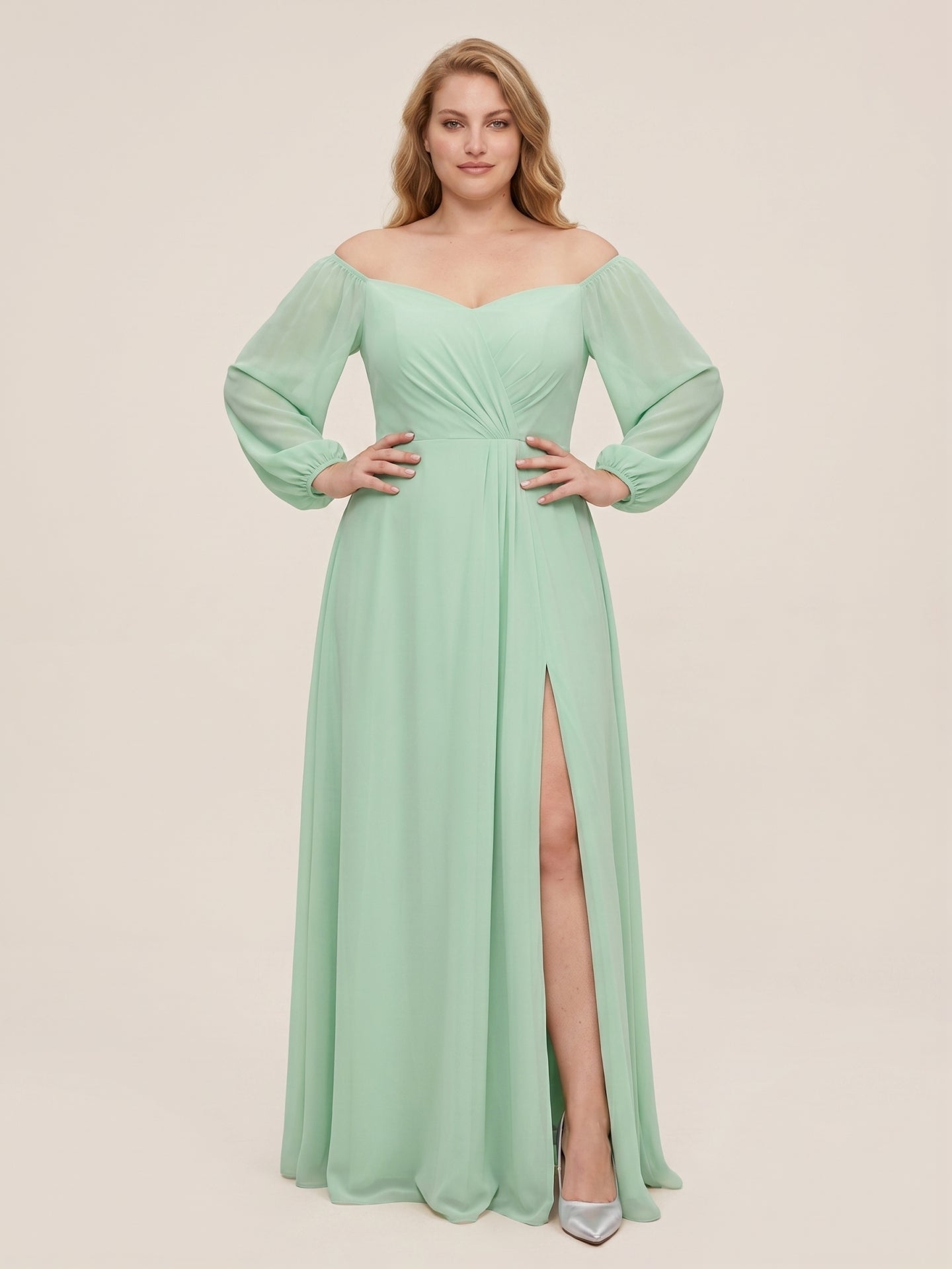 Modest Mint Green Chiffon A-Line Square Neck Back Zip Ankle-Length Bridesmaid Dress