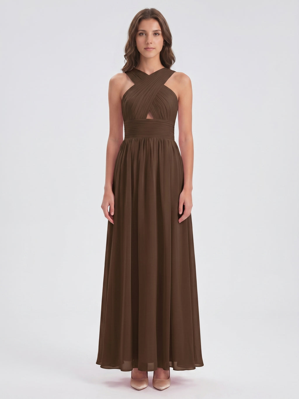 Mocha Chiffon A-Line Halter Backless Floor-Length Bridesmaid Dress