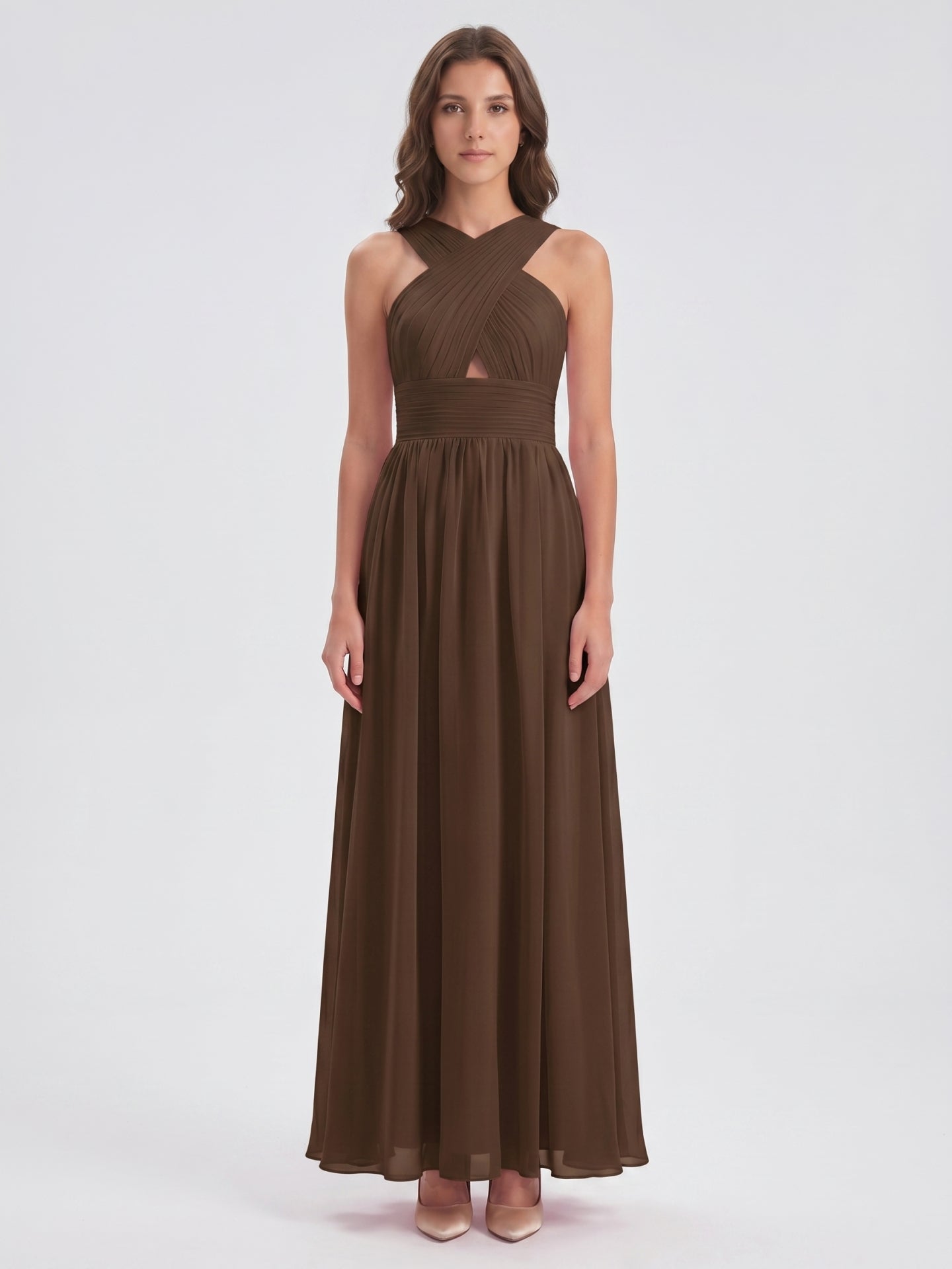Mocha Chiffon A-Line Halter Backless Floor-Length Bridesmaid Dress
