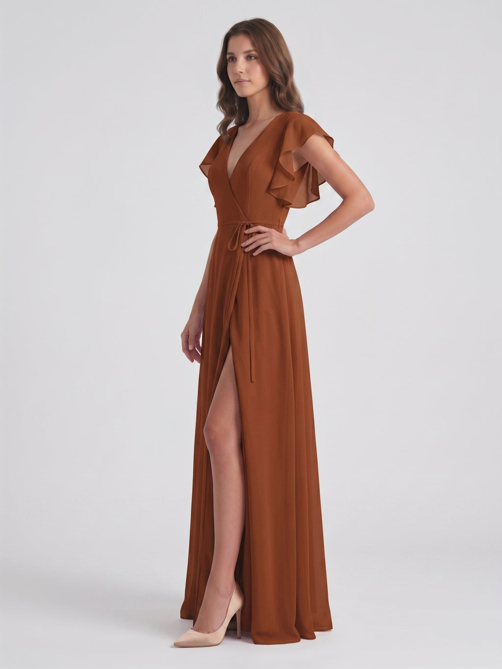 Terracotta Chiffon Sheath V-Neck Back Zip Floor-Length Ruffle Bridesmaid Dress