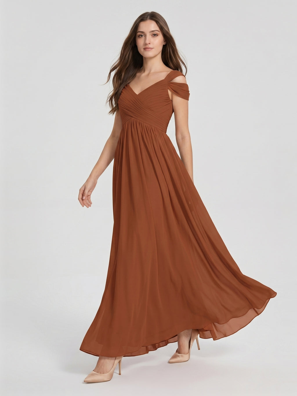 Terracotta Chiffon Empire Off-the-Shoulder V-Back Floor-Length Pleated Bridesmaid Dress