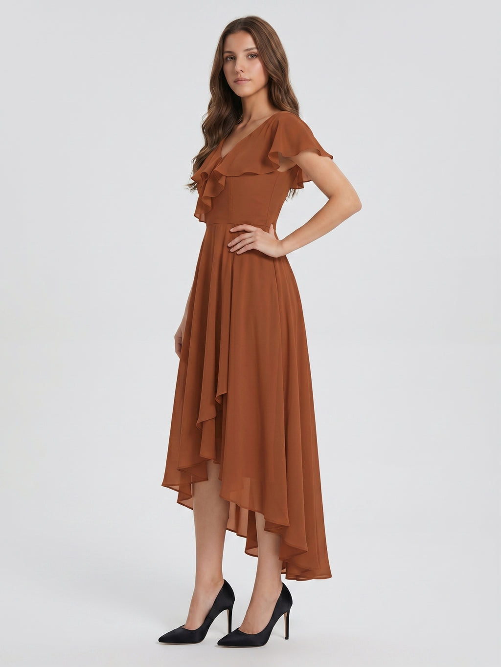 Terracotta Chiffon A-Line V-Neck V-Back Asymmetrical Ruffle Bridesmaid Dress