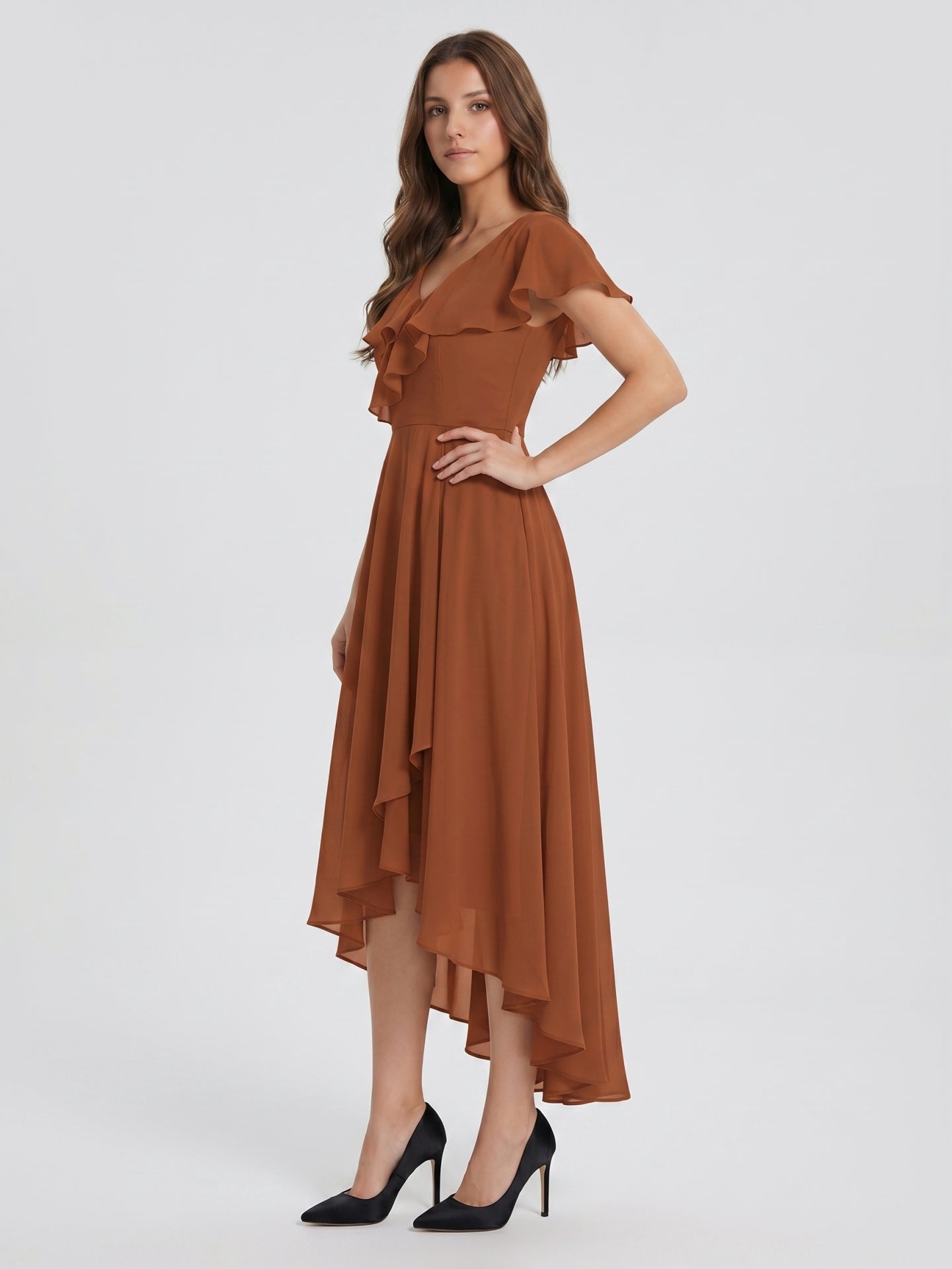 Terracotta Chiffon A-Line V-Neck V-Back Asymmetrical Ruffle Bridesmaid Dress