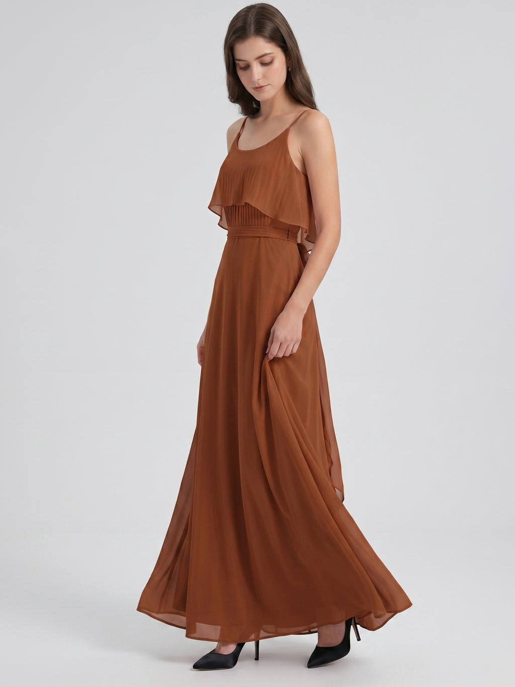 Terracotta Chiffon Sheath Scoop Neck Backless Floor-Length Bridesmaid Dress with Bow
