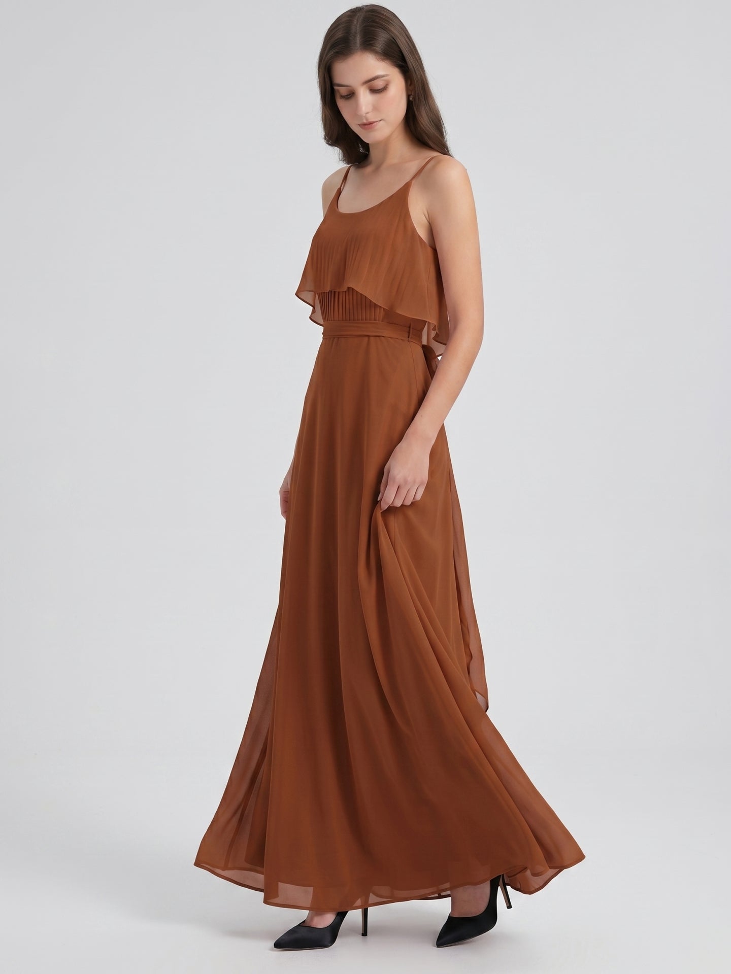 Terracotta Chiffon Sheath Scoop Neck Backless Floor-Length Bridesmaid Dress with Bow