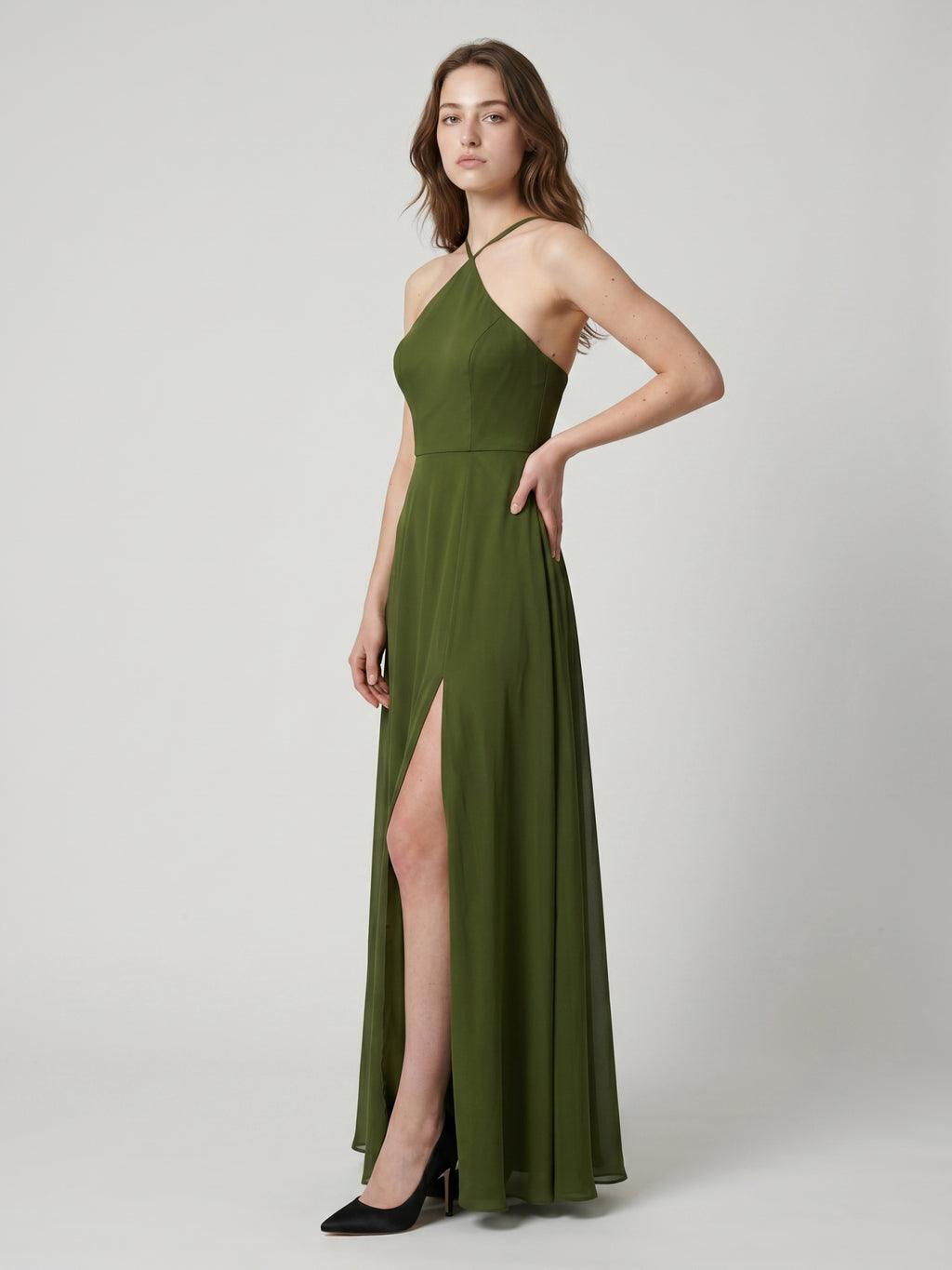 Olive Green Chiffon A-Line Halter Back Zip Floor-Length Bridesmaid Dress
