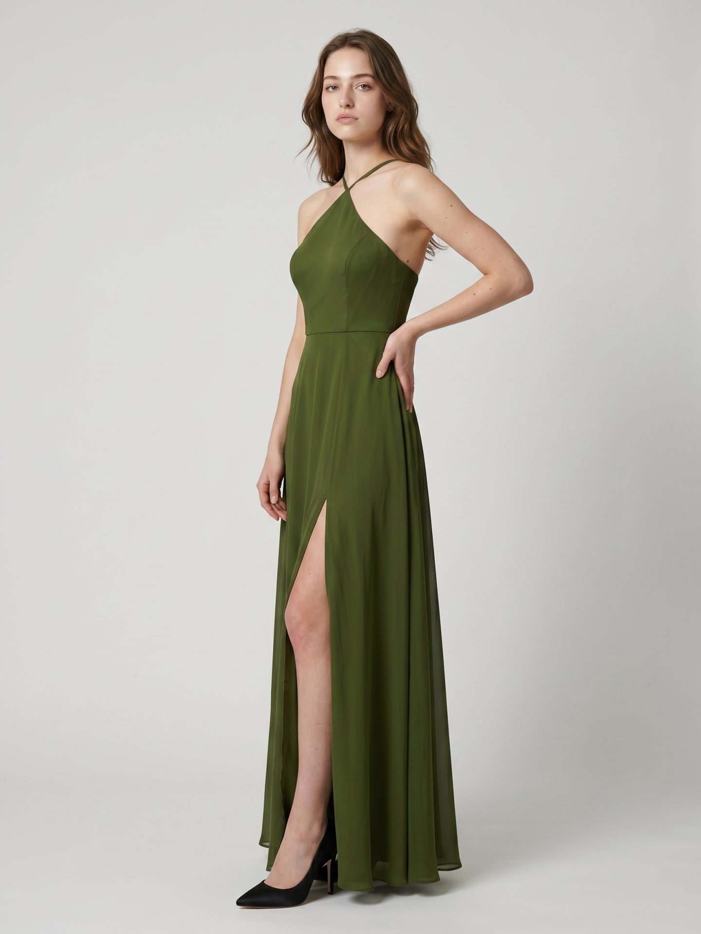 Olive Green Chiffon A-Line Halter Back Zip Floor-Length Bridesmaid Dress