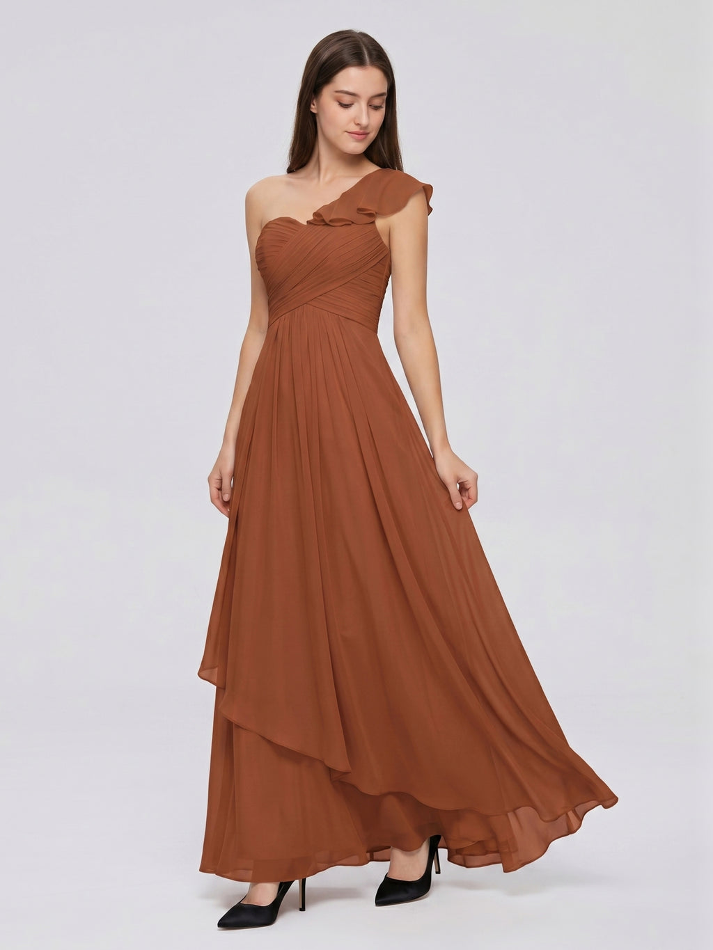 Terracotta Chiffon A-Line One Shoulder Backless Floor-Length Ruffle Bridesmaid Dress