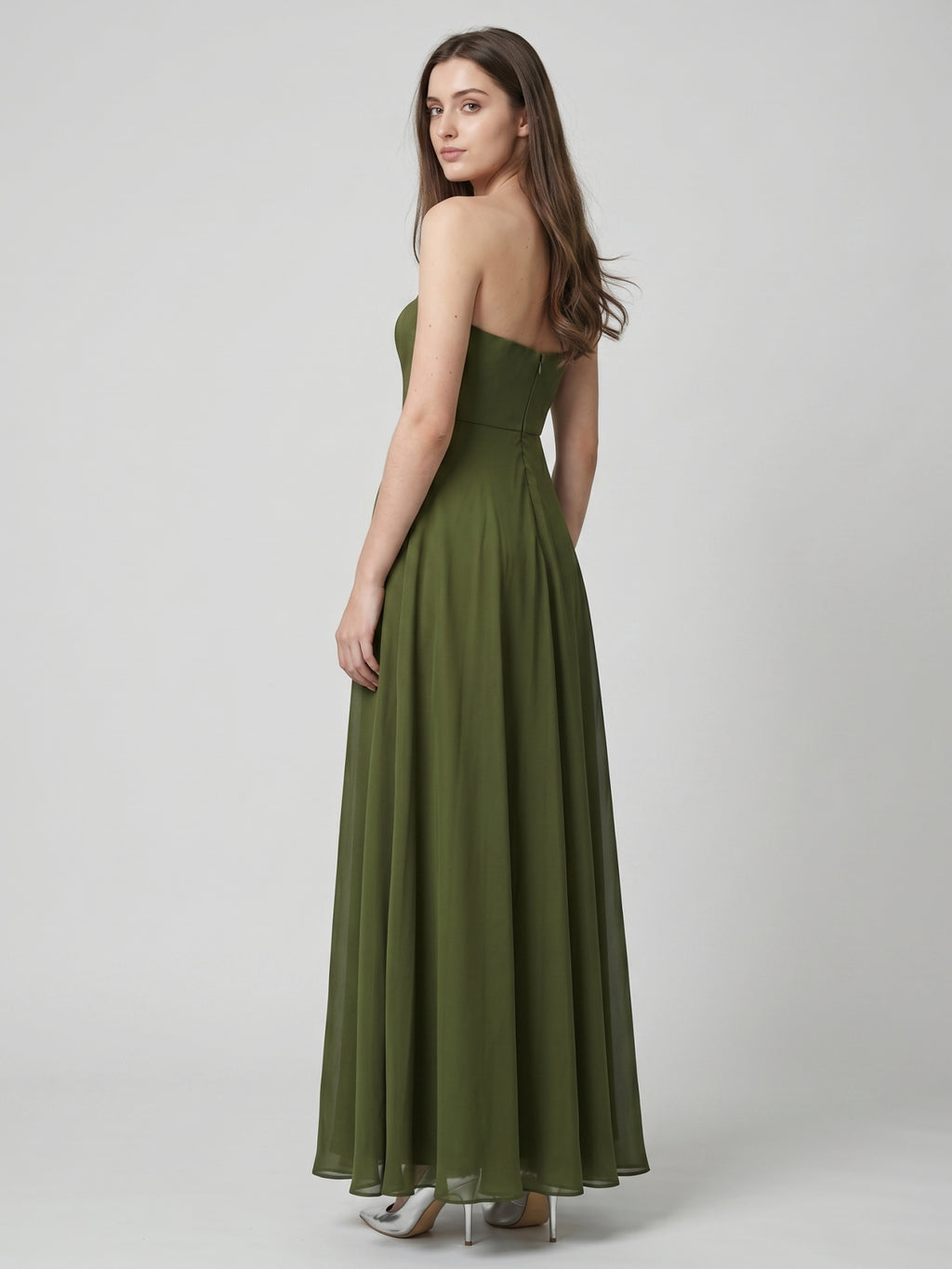Olive Green Chiffon A-Line Off-the-Shoulder Backless Floor-Length Bridesmaid Dress