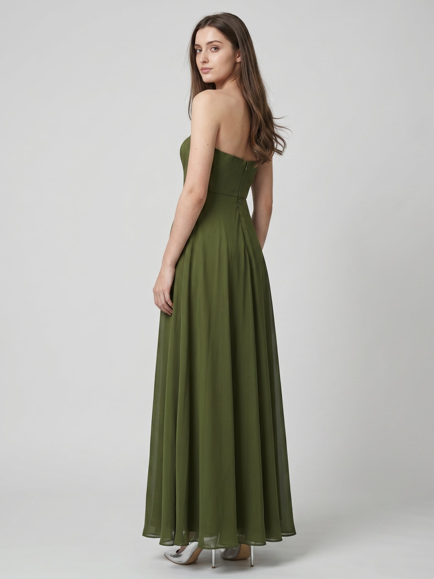 Olive Green Chiffon A-Line Off-the-Shoulder Backless Floor-Length Bridesmaid Dress