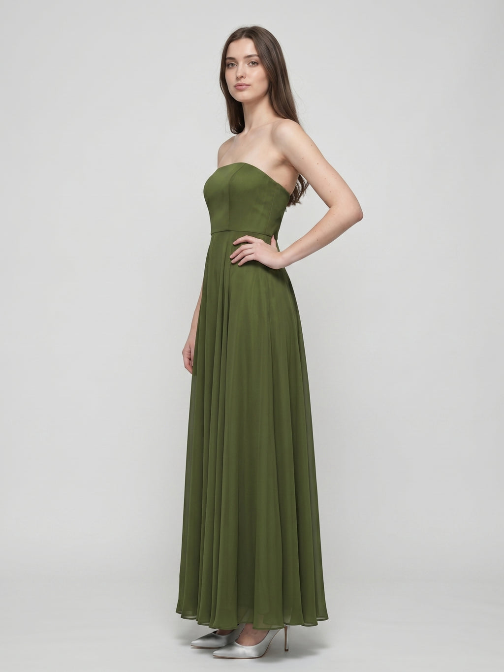 Olive Green Chiffon A-Line Off-the-Shoulder Backless Floor-Length Bridesmaid Dress